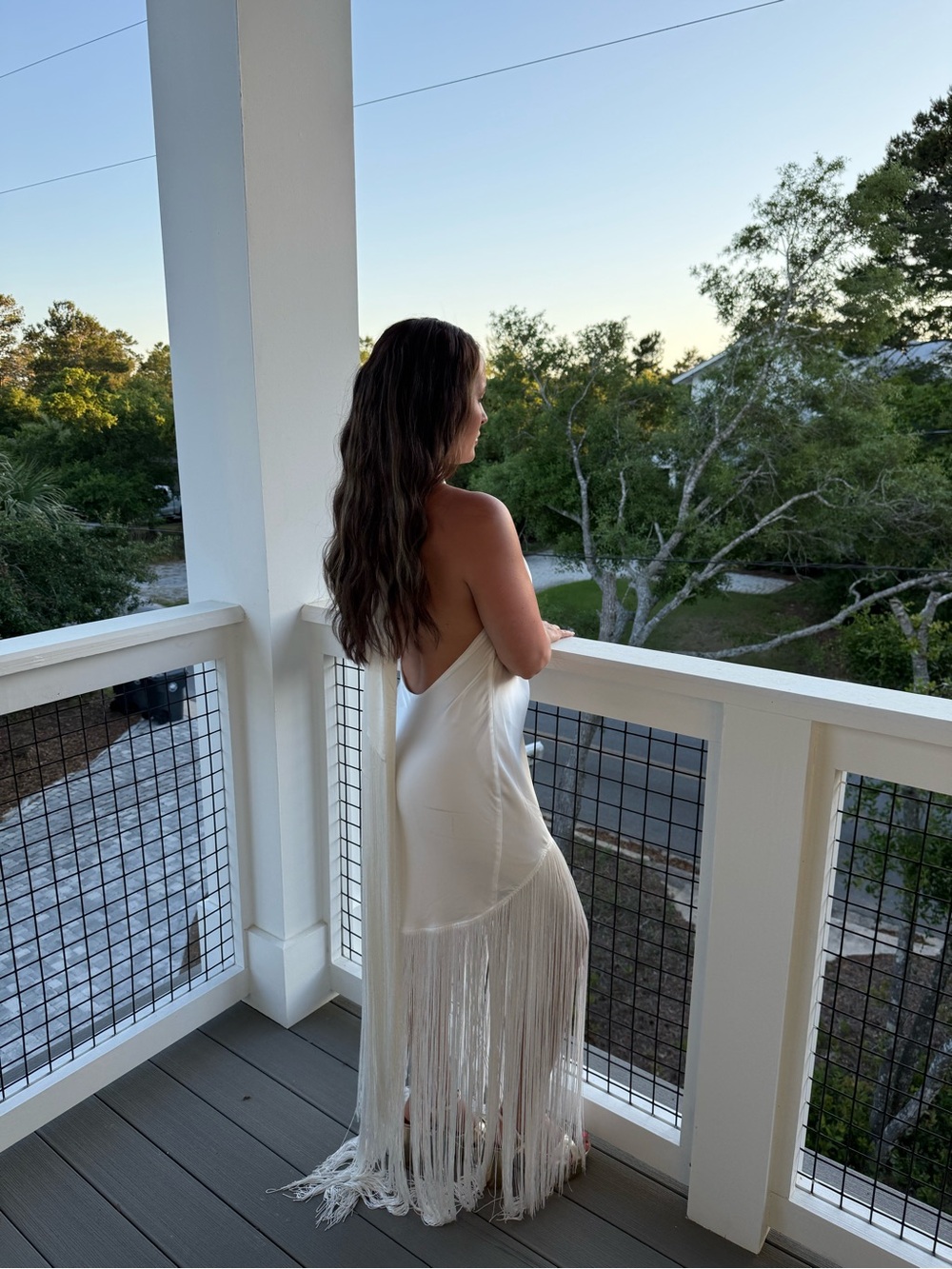 Show Me Your MuMu White Satin Halter Maxi Dress with Fringe - Picture 2 of 3